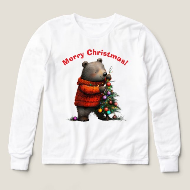 Cute Bear Decorating Christmas Tree Sweatshirt (Design Front)