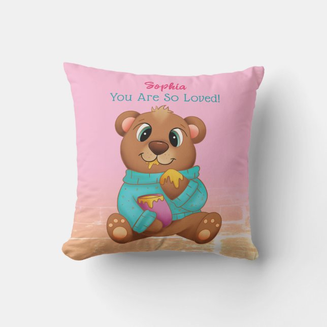 Cute Bear Eating Honey, Child's Name & Message Cushion (Front)