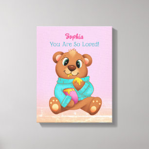 Cute Bear Eating Honey, Child's Name/Message, Pink Canvas Print