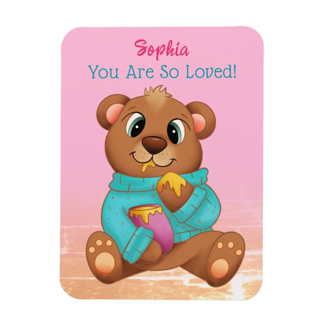 Cute Bear Eating Honey, Child's Name/Message, Pink Magnet (Vertical)