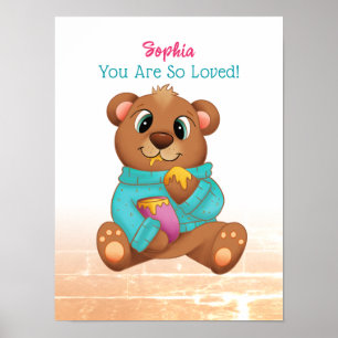 Cute Bear Eating Honey, Child's Name & Message Poster