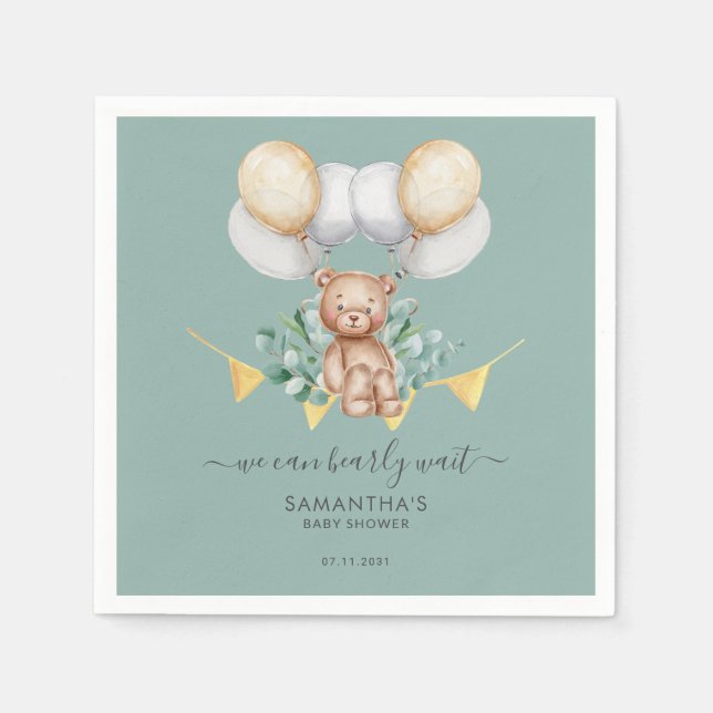 Cute Bear Eucalyptus Baby Shower Paper Napkin (Front)