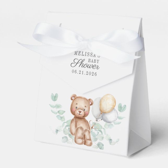 Cute Bear Eucalyptus Script Balloons Baby Shower Favour Box (Front Side)