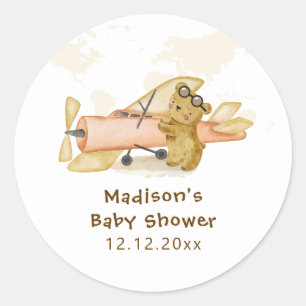 Cute Bear Explorer World Map Airplane Baby Shower  Classic Round Sticker