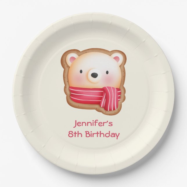 Cute Bear Face in a Red Scarf Birthday Paper Plate (Front)