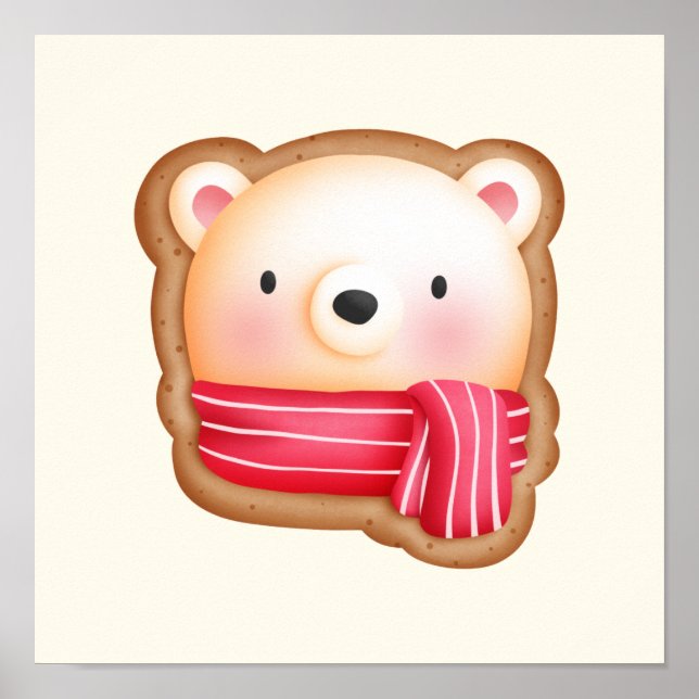 Cute Bear Face in a Red Scarf Christmas Cookie Poster (Front)