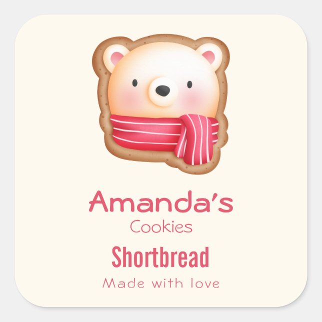 Cute Bear Face in a Red Scarf Christmas Cookie Square Sticker (Front)