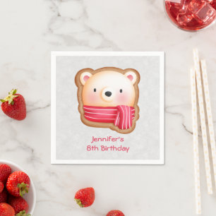 Cute Bear Face Red Scarf & Rosy Cheeks Birthday Napkin
