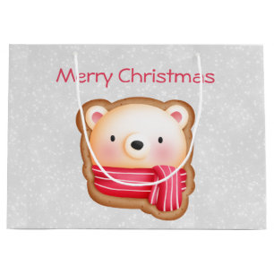 Cute Bear Face Red Scarf & Rosy Cheeks Christmas Large Gift Bag