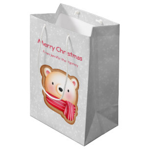 Cute Bear Face Red Scarf & Rosy Cheeks Christmas Medium Gift Bag