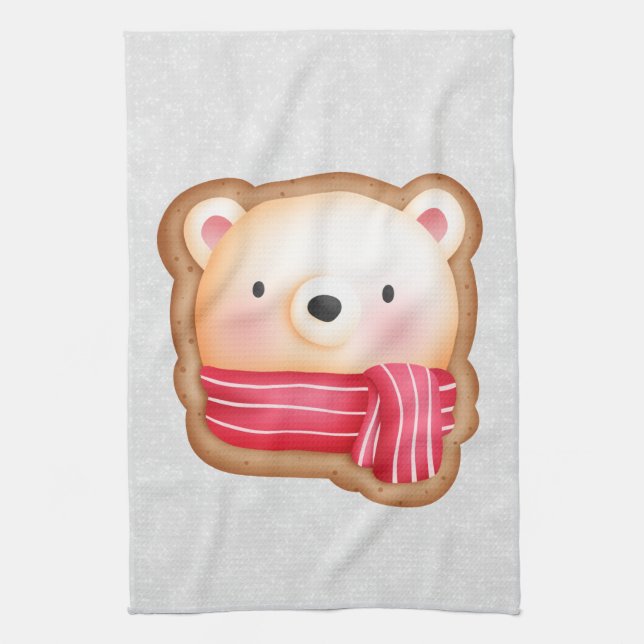 Cute Bear Face Red Scarf & Rosy Cheeks Christmas Tea Towel (Vertical)