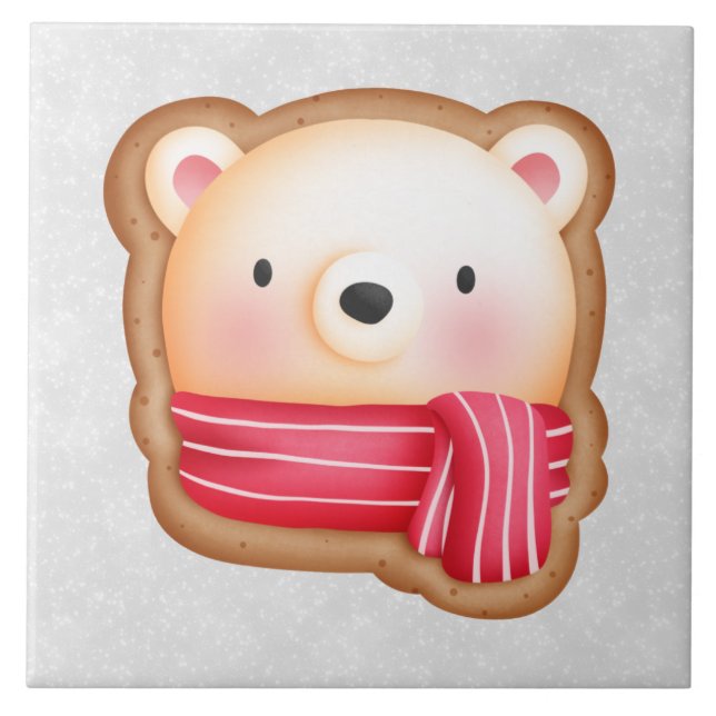 Cute Bear Face Red Scarf & Rosy Cheeks Christmas Tile (Front)