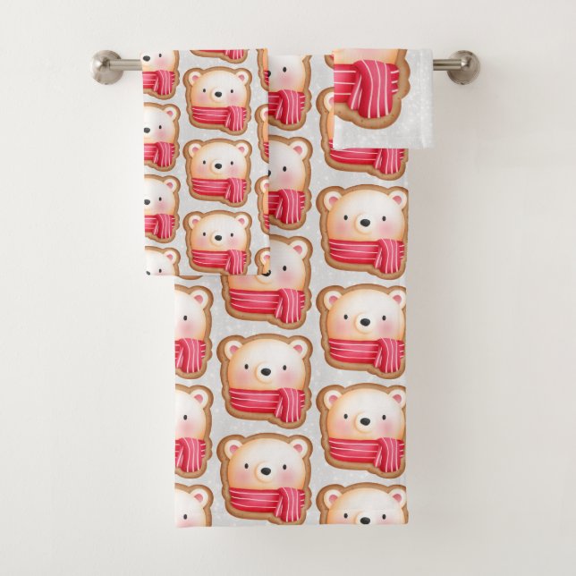 Cute Bear Face Red Scarf & Rosy Cheeks Pattern Bath Towel Set (Insitu)