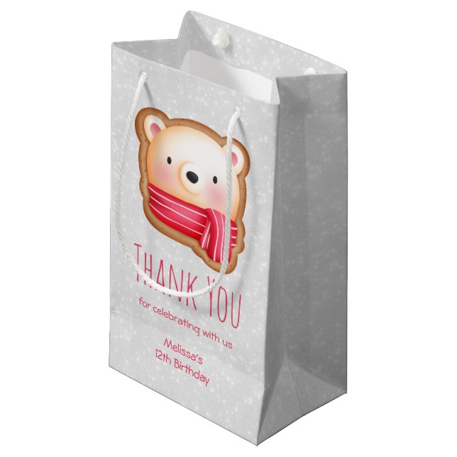 Cute Bear Face Red Scarf & Rosy Cheeks Thank You Small Gift Bag (Front Angled)