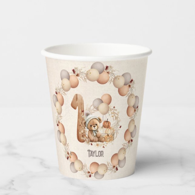 Cute Bear Fall Beary 1st Birthday Paper Cups (Front)