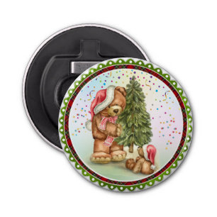 Cute Bear Family Christmas tree confetti Holiday Bottle Opener