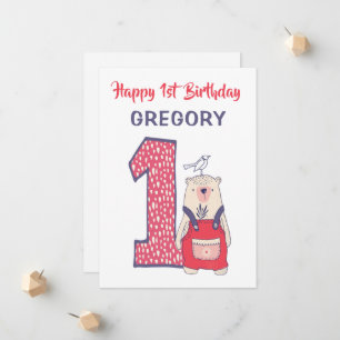 Cute bear first birthday card with name
