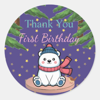 Cute Bear First Birthday Party  Classic Round Sticker