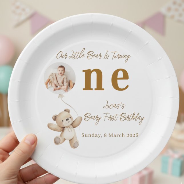 Cute Bear First Birthday Photo Party Paper Plates (Creator Uploaded)