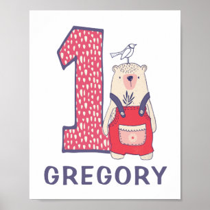 Cute bear first birthday with name poster
