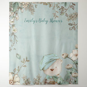 Cute Bear Floral Baby Shower Backdrop portrait Tapestry