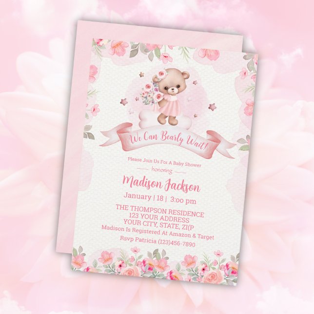 Cute Bear Floral Girls Baby Shower Invitation (Creator Uploaded)