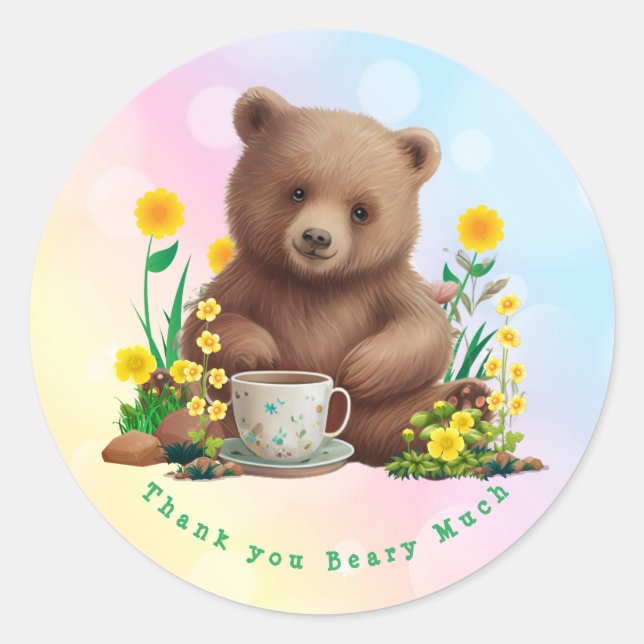 Cute Bear Floral Thank you Beary Much Personalised Classic Round Sticker (Front)