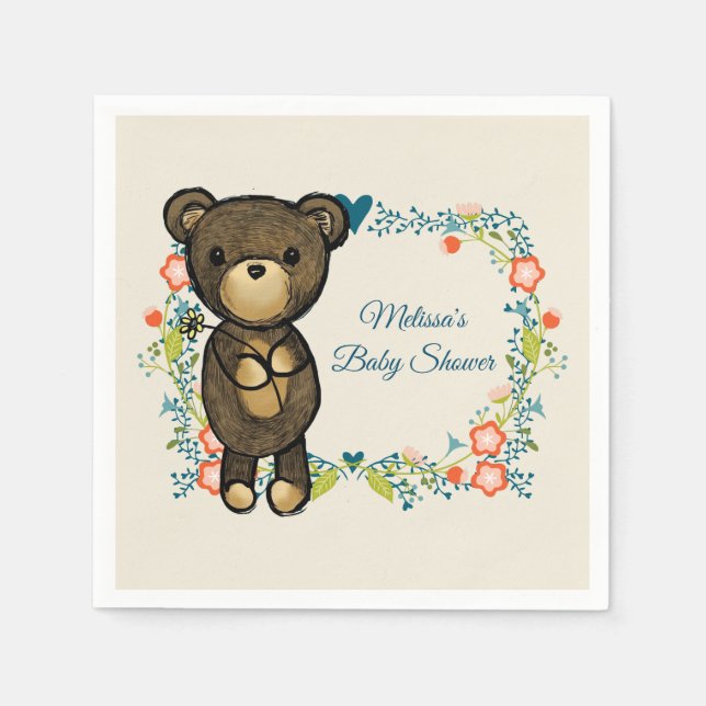 Cute Bear & Floral Wreath Baby Shower Napkin (Front)