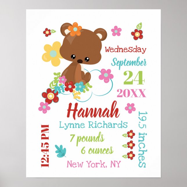 Cute Bear & Flowers Baby Girl Birth Record Stats Poster (Front)