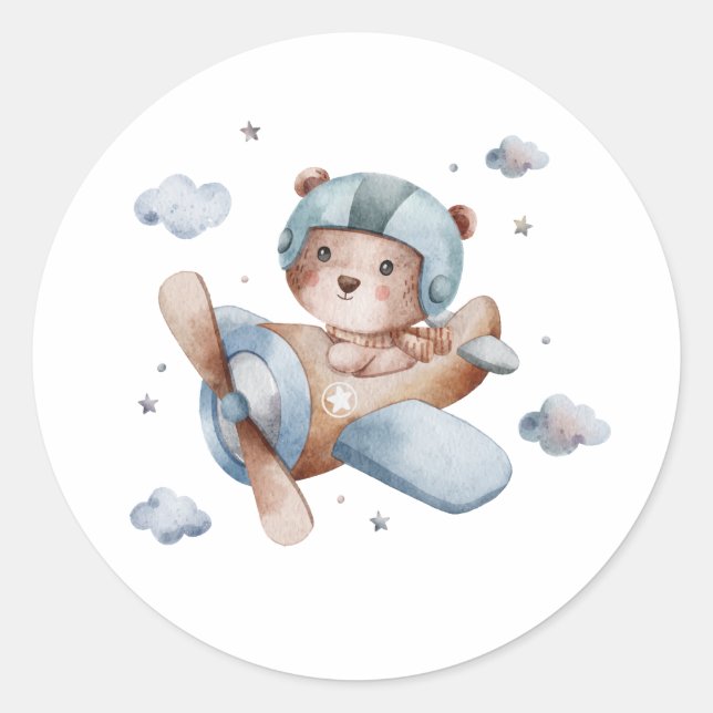 cute bear flying on aeroplane watercolor sticker (Front)