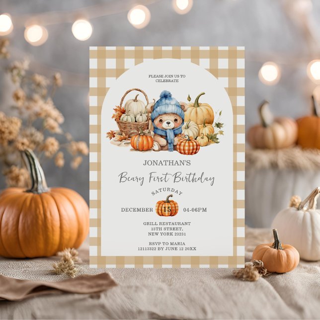  Cute Bear Gingham Pumpkin - Beary First Birthday Invitation (Creator Uploaded)