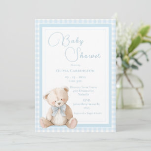 Cute Bear Gingham Vintage Baby Shower Invitation