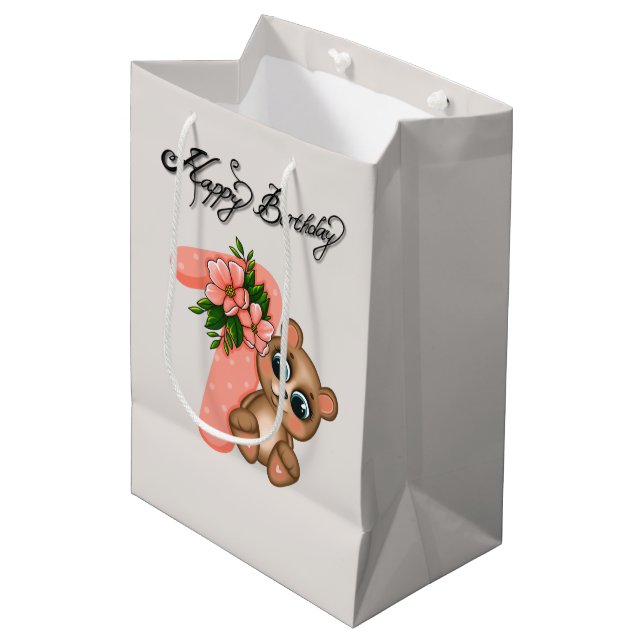 Cute bear girls Birthday 7th Medium Gift Bag (Front Angled)