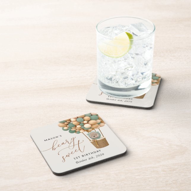 Cute Bear, Green Balloons, First Birthday Coaster (Right Side)