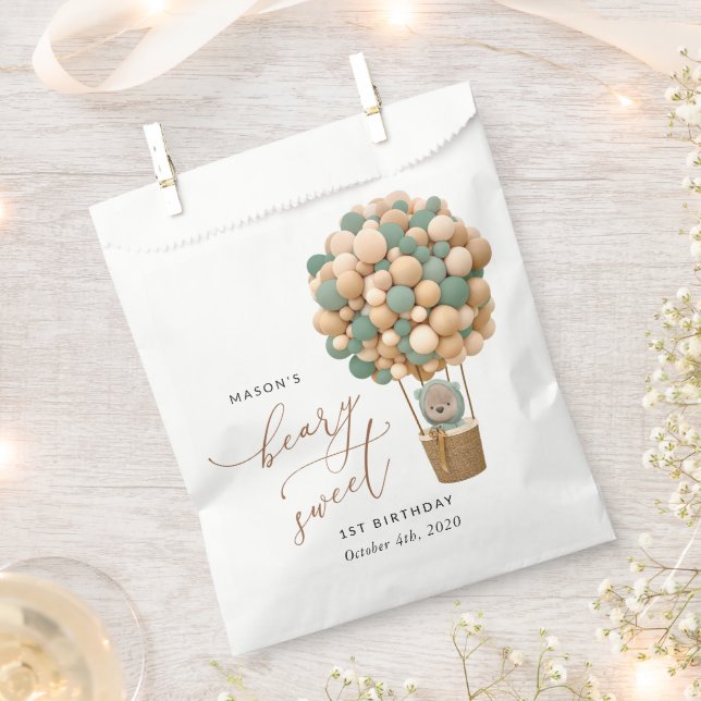 Cute Bear, Green Balloons, First Birthday Favour Bags (Clipped)