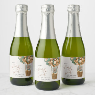 Cute Bear, Green Balloons, First Birthday Sparkling Wine Label