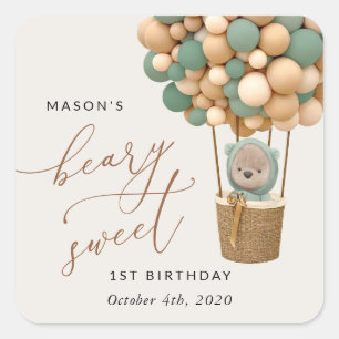 Cute Bear, Green Balloons, First Birthday Square Sticker