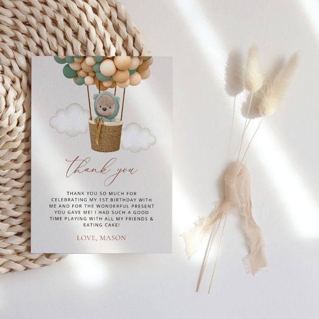 Cute Bear, Green Balloons, First Birthday Thank You Card (Creator Uploaded)