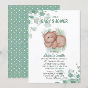 Cute Bear Green White Baby Shower  Invitation