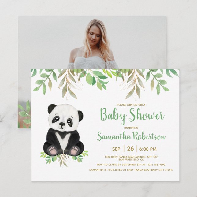 Cute Bear Greenery Watercolor Gender Neutral Photo Invitation Postcard (Front/Back)