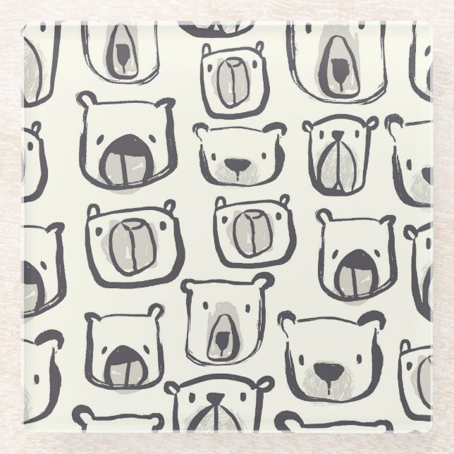 Cute bear, hand-drawn seamless pattern. glass coaster (Front)