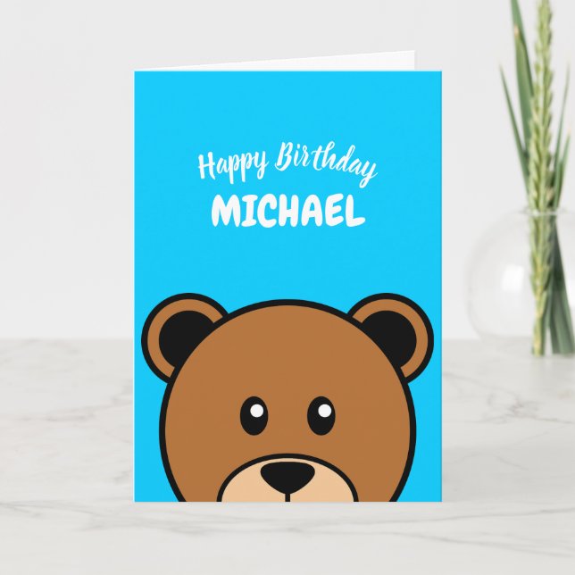Cute Bear Head | Simple Cartoon on Blue Card (Front)