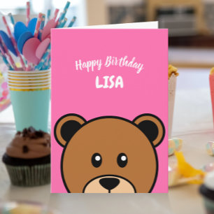 Cute Bear Head Simple Cartoon on Pink Card
