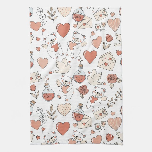 Cute Bear Hearts Valentine Pattern Tea Towel (Vertical)