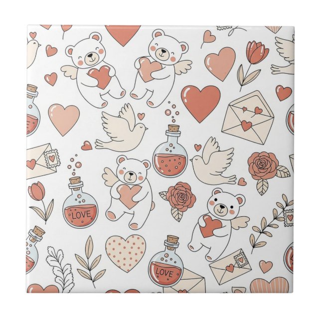Cute Bear Hearts Valentine Pattern Tile (Front)