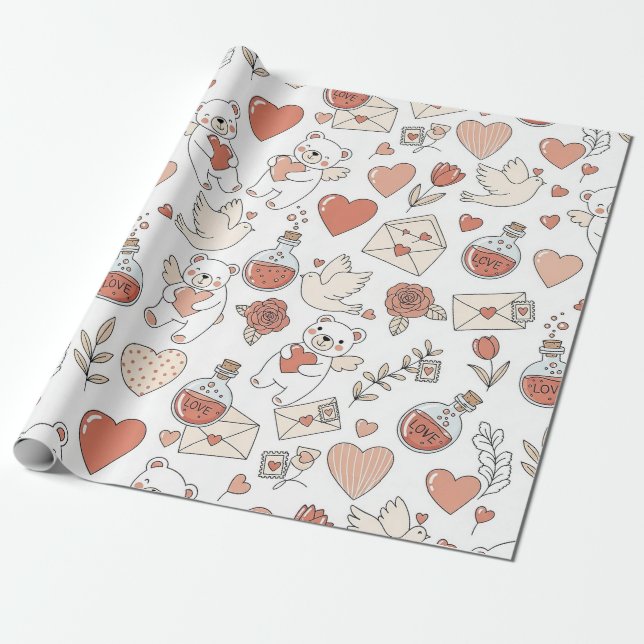 Cute Bear Hearts Valentine Pattern Wrapping Paper (Unrolled)