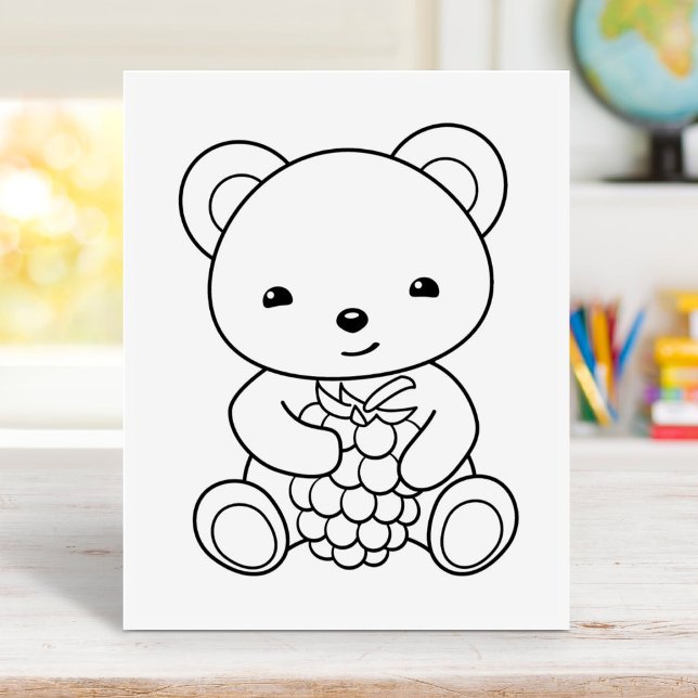Cute Bear Holding a Berry Colouring Page Rubber Stamp (Creator Uploaded)