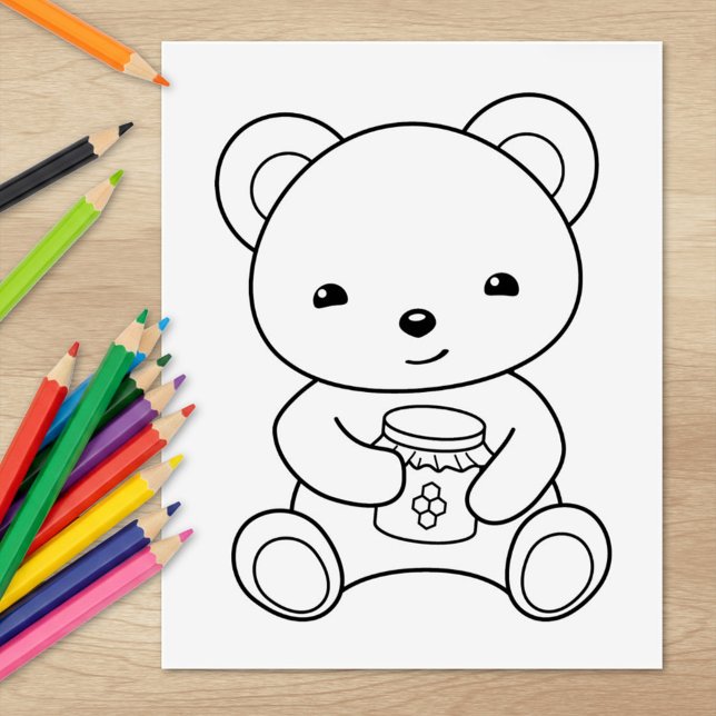 Cute Bear Holding a Honey Jar Colouring Page Rubber Stamp (Creator Uploaded)