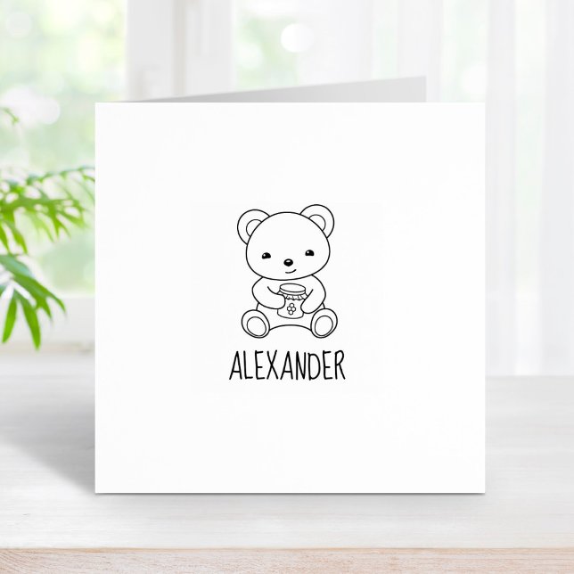 Cute Bear Holding a Honey Jar Custom Name Rubber Stamp (Creator Uploaded)