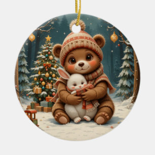 Cute Bear Holding Bunny Near Christmas Tree Ceramic Tree Decoration